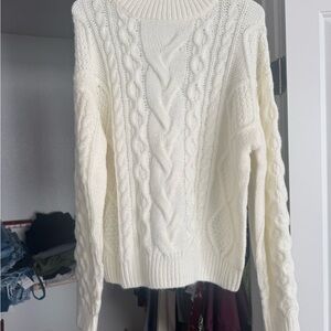 Elegant White Cable Knit Turtleneck Sweater